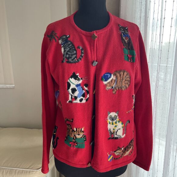 vintage marisa christina Red sweater Cat Bell Christmas M - Picture 1 of 14